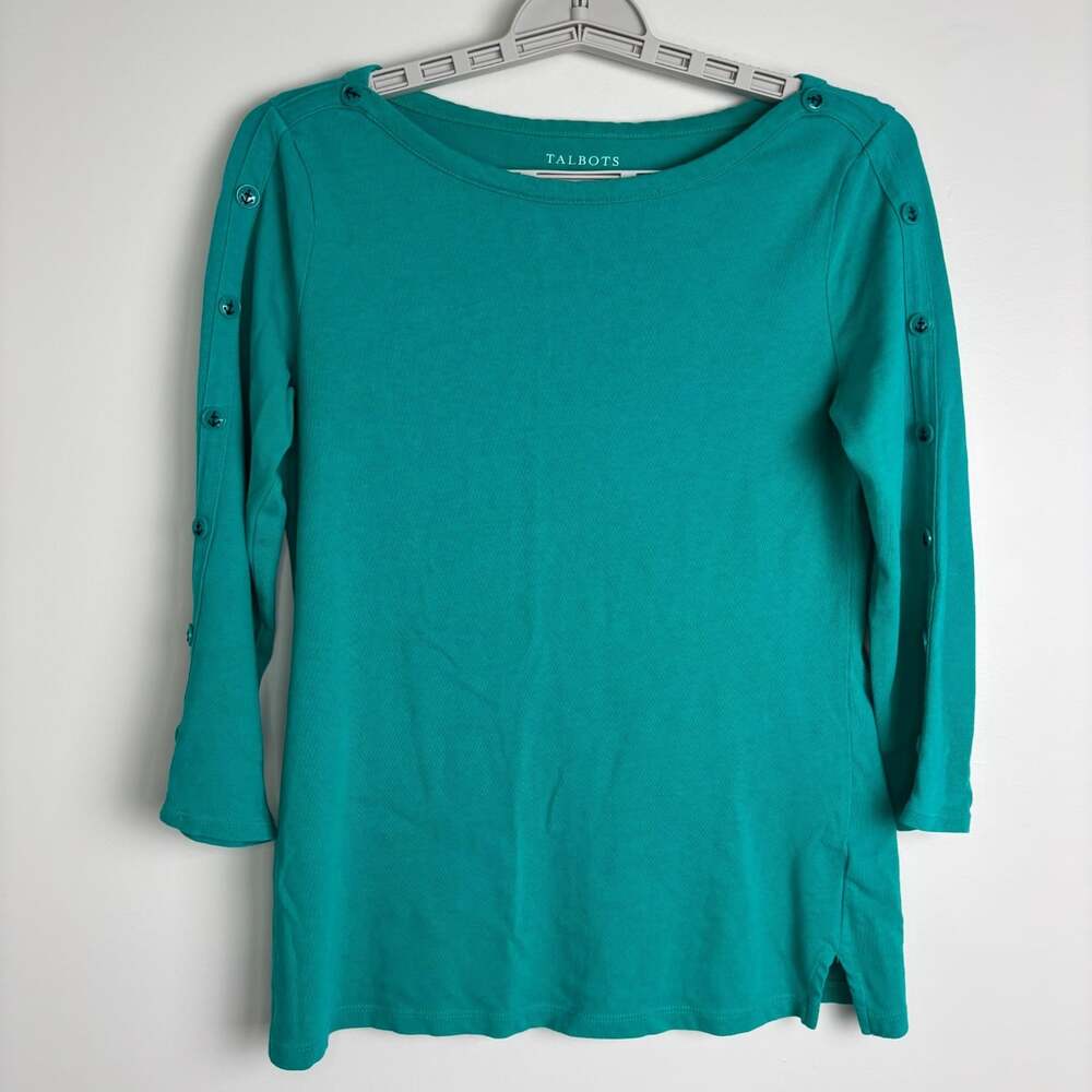 TALBOTS Anchor Button Bateau Neck Top Womens S Green Knit Stretch 3/4 Sleeve
